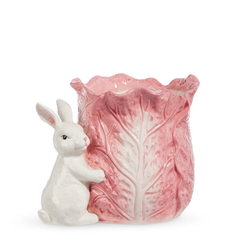 Pink Ceramic Cabbage Container with Bunny 7"