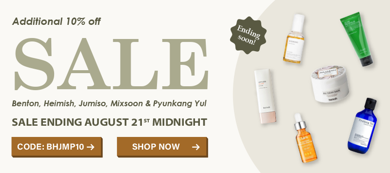 Extra 10% off sale: Benton, Heimish, Jumiso, Mixsoon & Pyunkang Yul. Code: BHJMP10