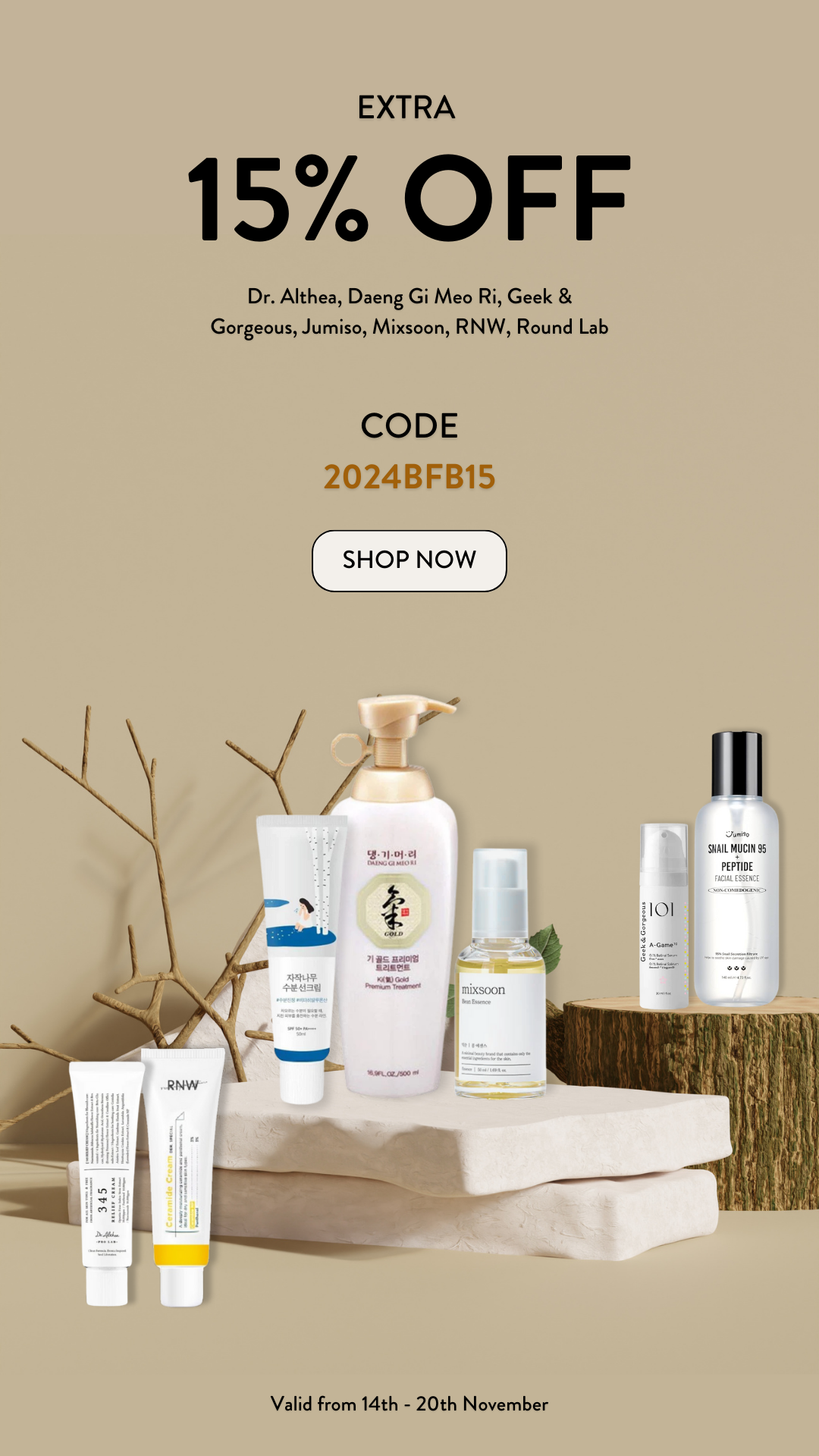 extra 15% off sale - Dr. Althea, Daeng Gi Meo Ri, Geek & Gorgeous, Jumiso, Mixsoon, RNW & Round Lab