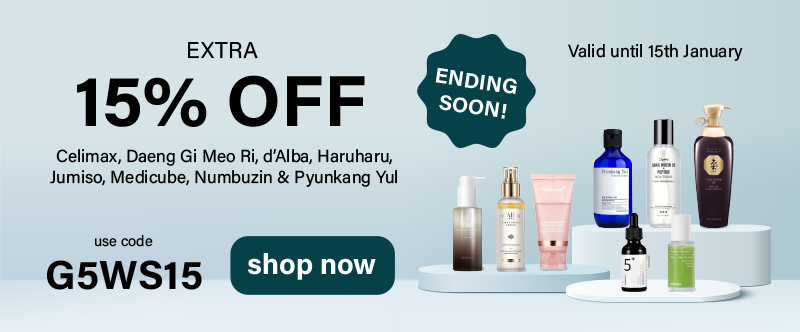 Shop extra 15% off Celimax, Daeng Gi Meo Ri, d'Alba, Haruharu, Jumiso, Medicube, Numbuzin & Pyunkang Yul