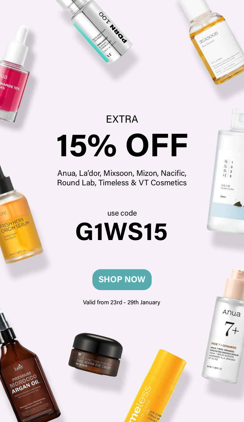 Extra 15% Off Sale - Anua, La'dor, Mixsoon, Mizon, Nacific, Round Lab, Timeless and VT Cosmetics - Use code G1WS15